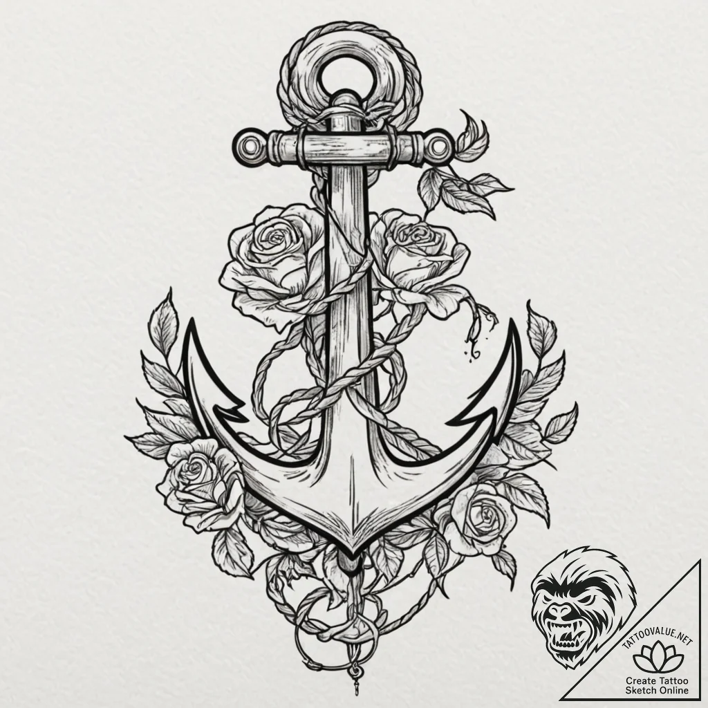 A ship's anchor entwined with rope, tattoo sk... - tattoo sketch (№1751855926_0, 07.07.2025 02:38) — tattoovalue.net