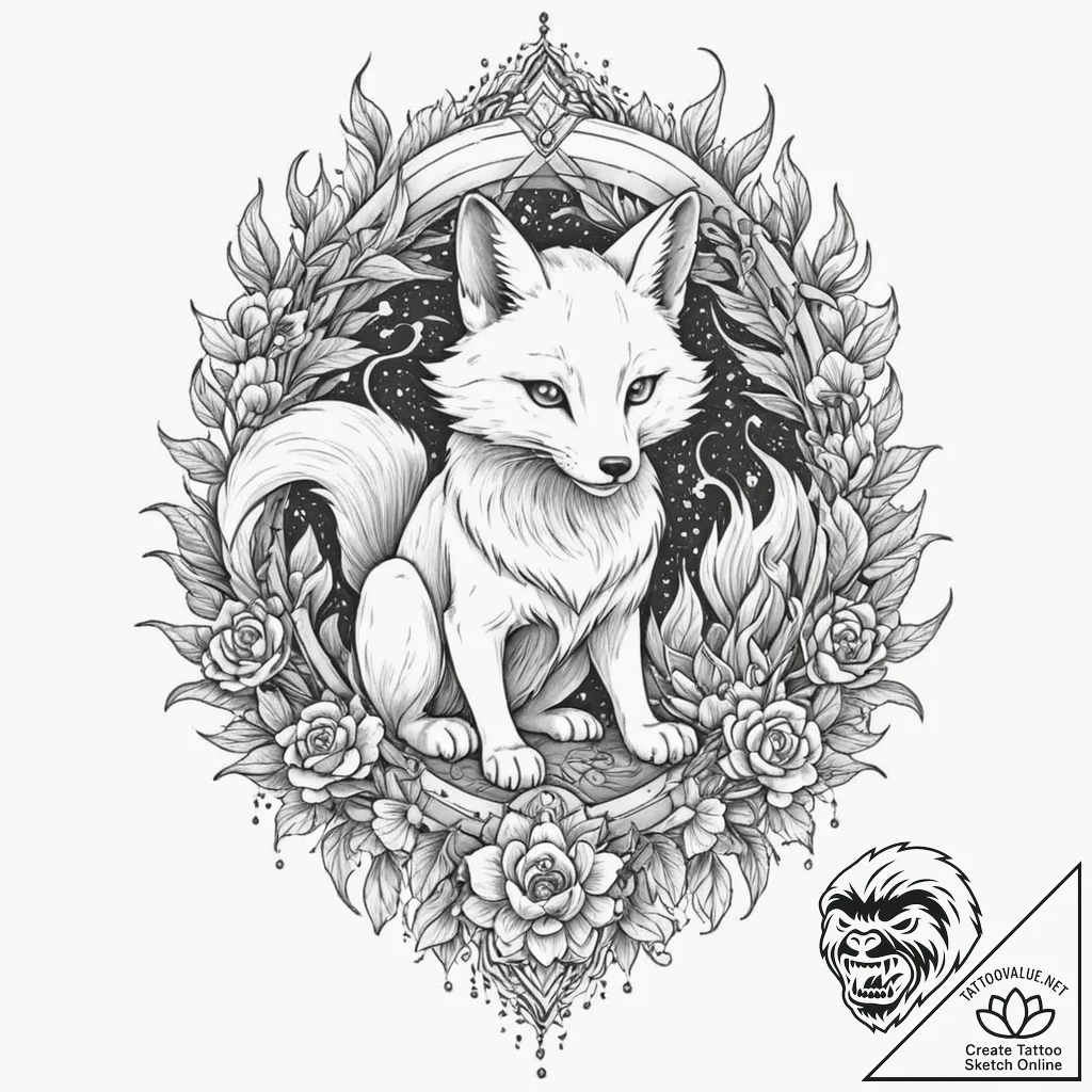 A kitsune with its nine tails, tattoo flash s... - tattoo sketch (№1751856606_0, 07.07.2025 02:50) — tattoovalue.net