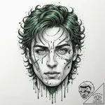 A trash polka face of neo, with green code dr… – tattoo sketch (№1751857707_0, 07.07.2025 03:08) — tattoovalue.net