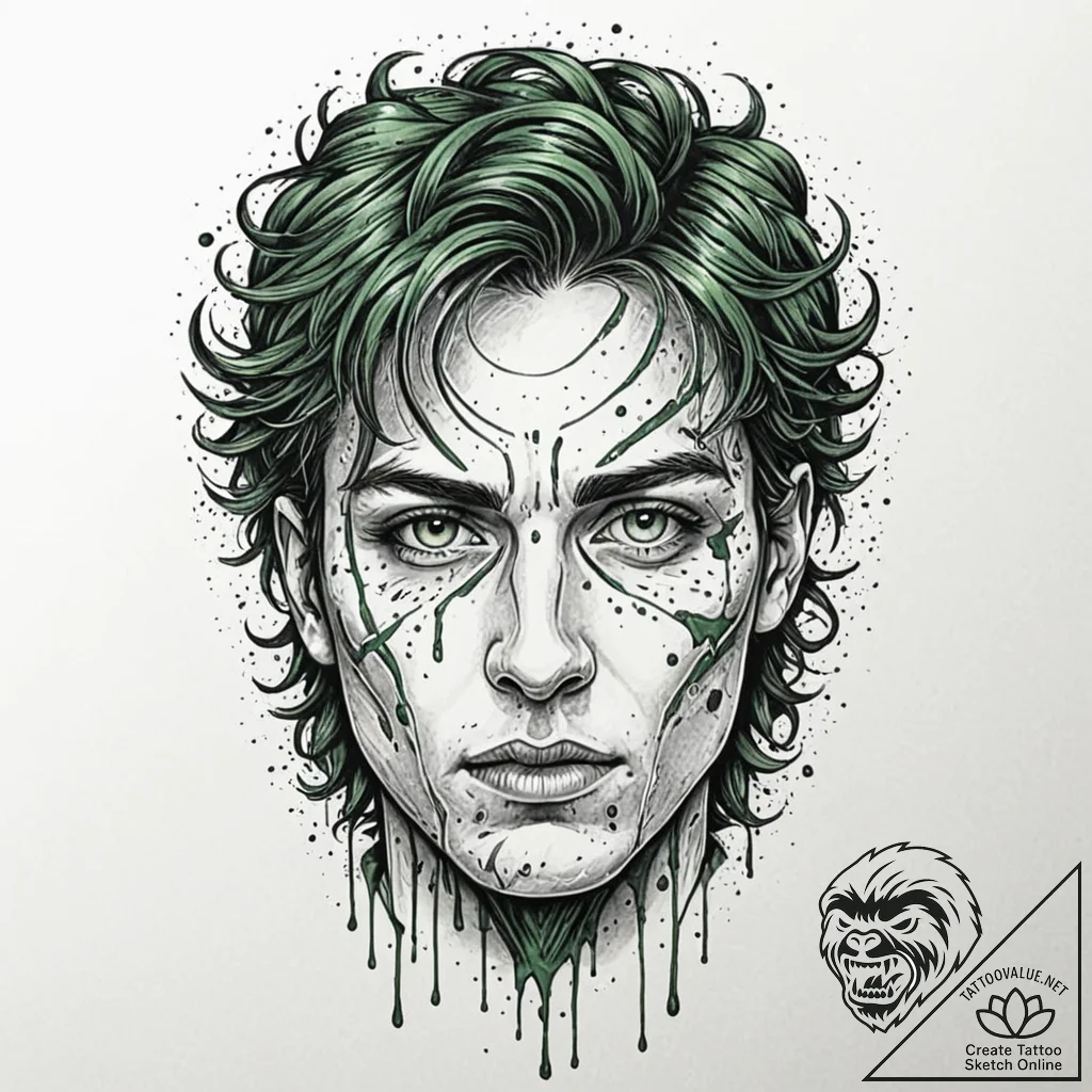 A trash polka face of neo, with green code dr... - tattoo sketch (№1751857707_0, 07.07.2025 03:08) — tattoovalue.net