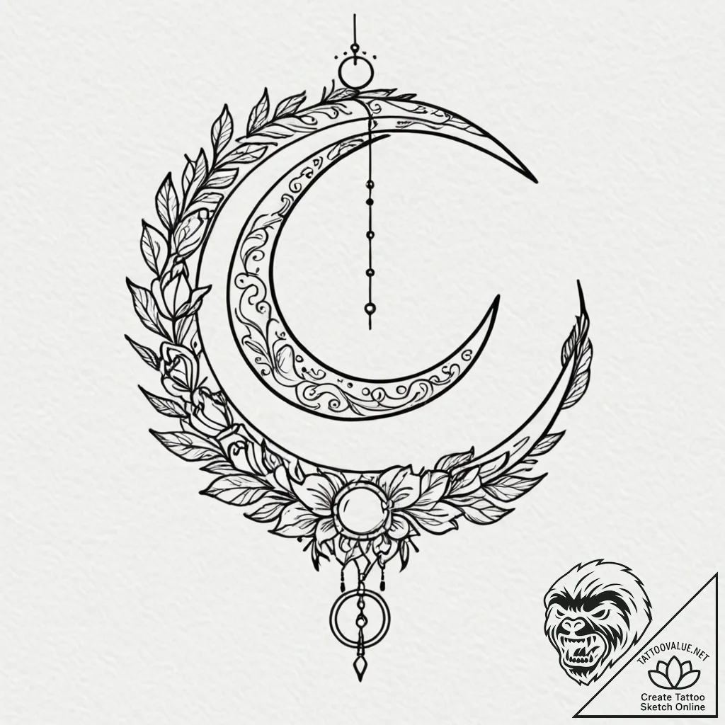 A linework tattoo of the crescent moon wand f... - tattoo sketch (№1751858476_0, 07.07.2025 03:21) — tattoovalue.net