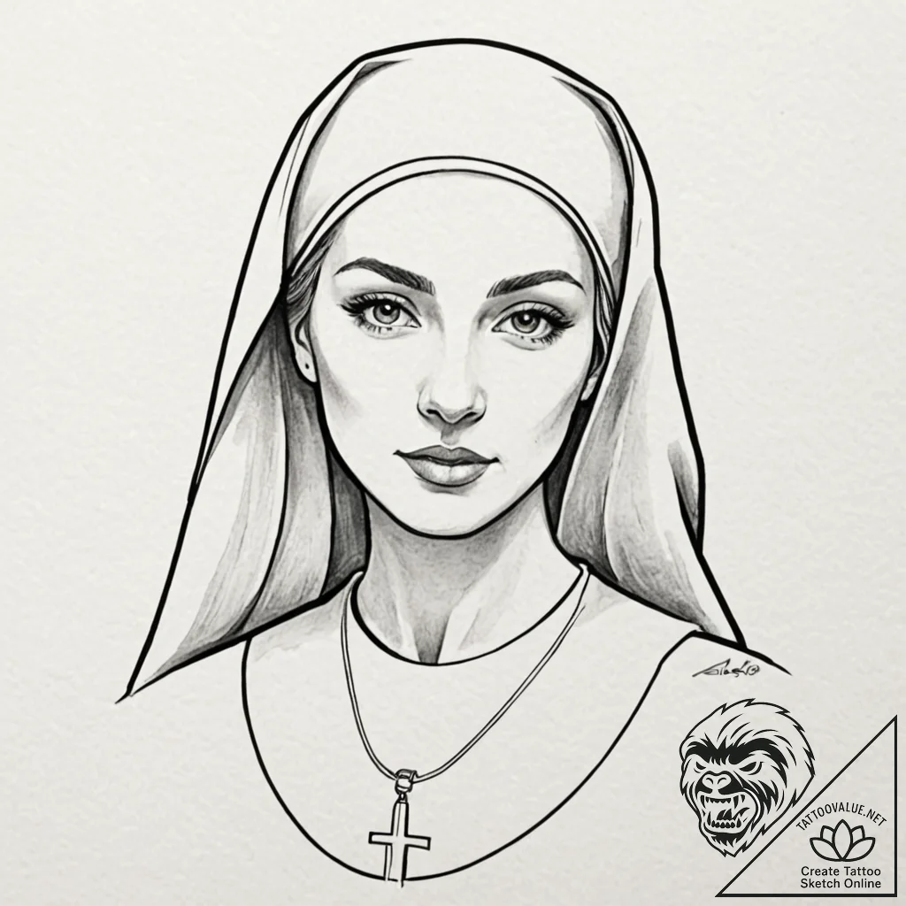Nun, tattoo drawing outline, masterpiece, bes... - tattoo sketch (№1751858803_0, 07.07.2025 03:26) — tattoovalue.net