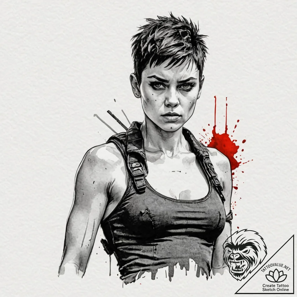 A graphic sketch of furiosa with her war rig... - tattoo sketch (№1751859623_0, 07.07.2025 03:40) — tattoovalue.net