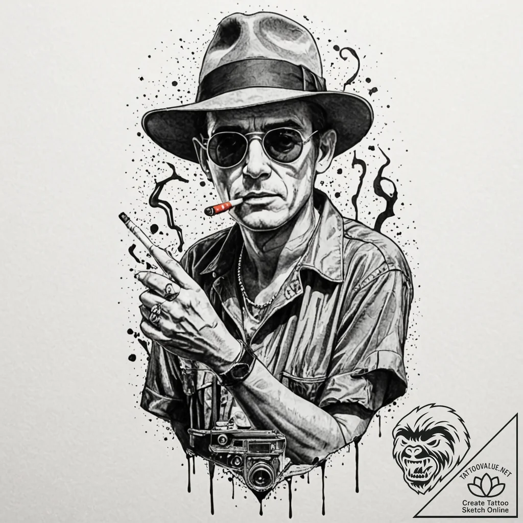A trash polka portrait of hunter s. thompson... - tattoo sketch (№1751861370_0, 07.07.2025 04:09) — tattoovalue.net