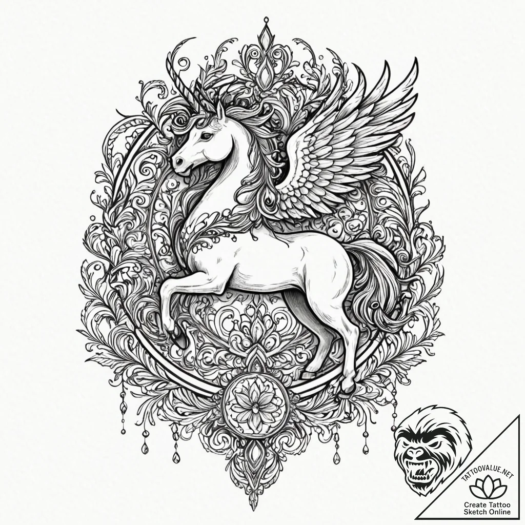 A carousel of mythical creatures (griffin, un... - tattoo sketch (№1751862391_0, 07.07.2025 04:26) — tattoovalue.net