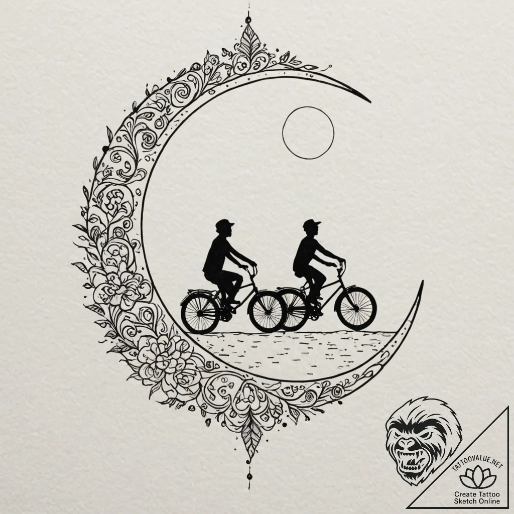 A linework tattoo of the kids on their bikes,... - tattoo sketch (№1751863422_0, 07.07.2025 04:43) — tattoovalue.net