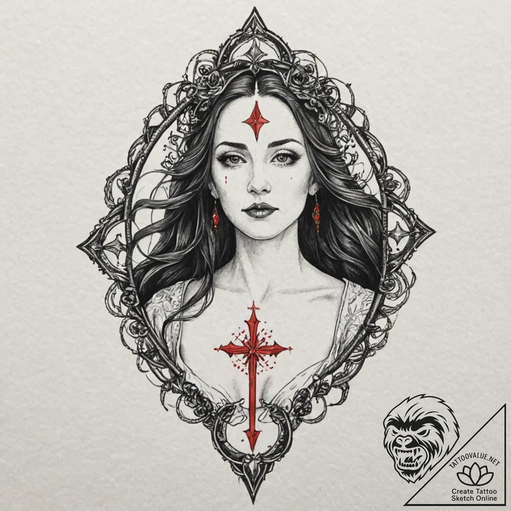 Morgan le fay, tattoo line art, black and red... - tattoo sketch (№1751865118_0, 07.07.2025 05:11) — tattoovalue.net