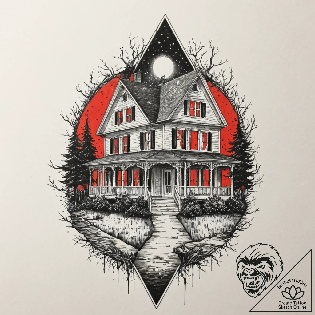 A sketch of the amityville horror house, with... - tattoo sketch (№1751867902_0, 07.07.2025 05:58) — tattoovalue.net