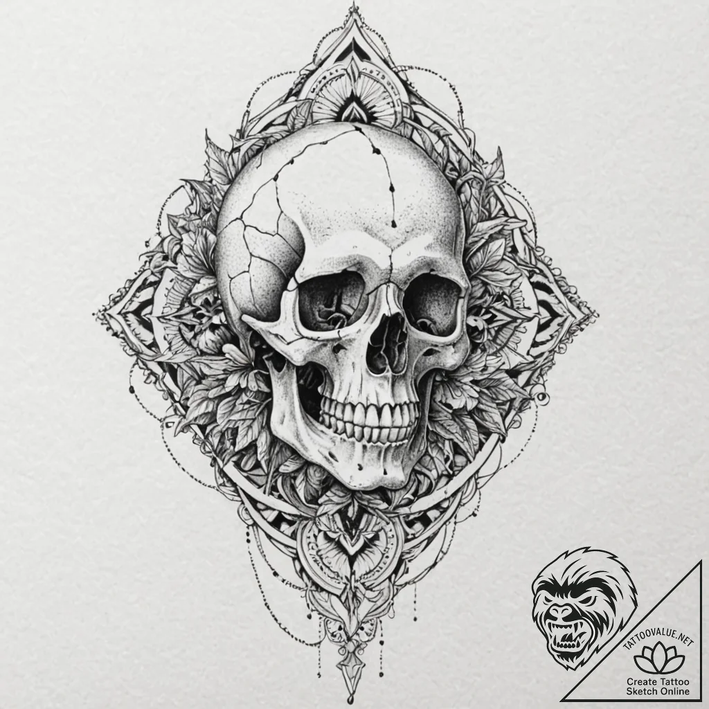 Skull, concept art for tattoo, highly detaile... - tattoo sketch (№1751868405_0, 07.07.2025 06:06) — tattoovalue.net
