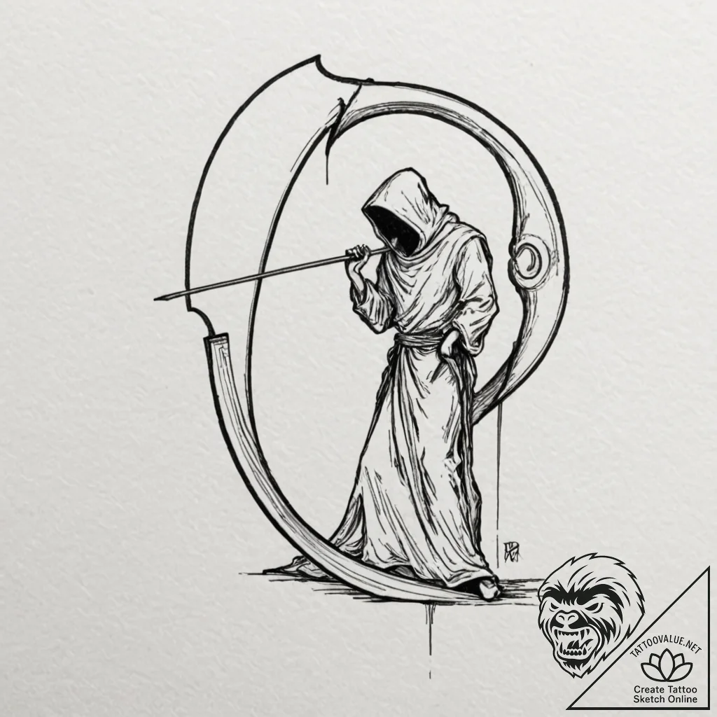 Reaper's scythe leaning against a wall, tatto... - tattoo sketch (№1751869422_0, 07.07.2025 06:23) — tattoovalue.net