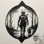 Graphic art of the mandalorian and grogu walk… – tattoo sketch (№1751870603_0, 07.07.2025 06:43) — tattoovalue.net