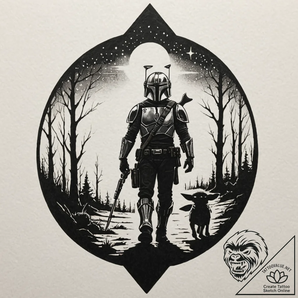 Graphic art of the mandalorian and grogu walk... - tattoo sketch (№1751870603_0, 07.07.2025 06:43) — tattoovalue.net