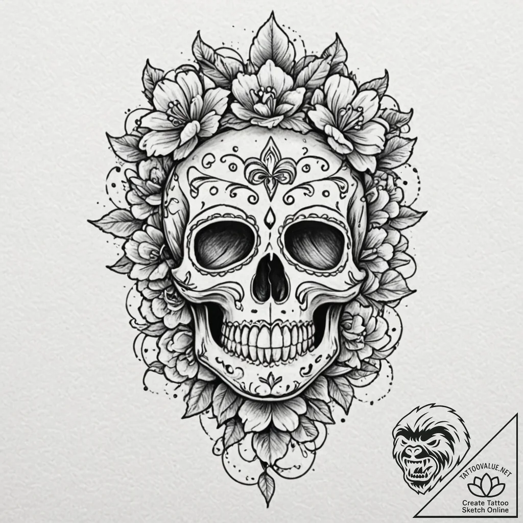 Sugar skull, artistic tattoo sketch, black an... - tattoo sketch (№1751871275_0, 07.07.2025 06:54) — tattoovalue.net