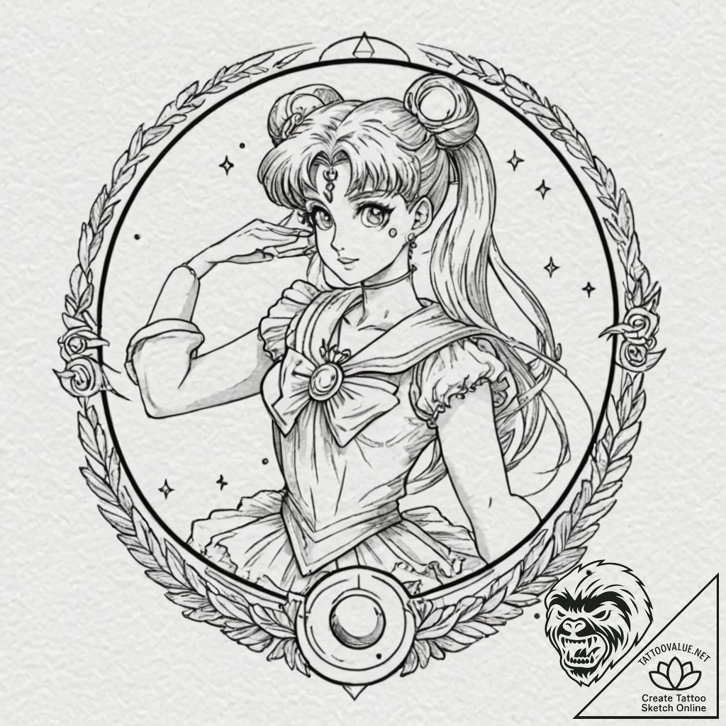 A graphic novel portrait of sailor moon, in h... - tattoo sketch (№1751872701_0, 07.07.2025 07:18) — tattoovalue.net