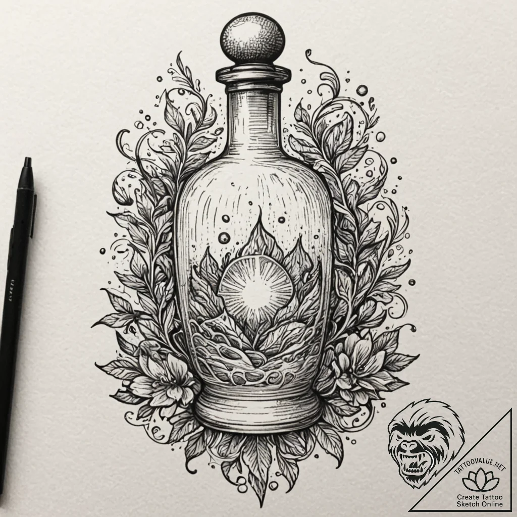 A linework design of a magic potion bottle, w... - tattoo sketch (№1751873499_0, 07.07.2025 07:31) — tattoovalue.net