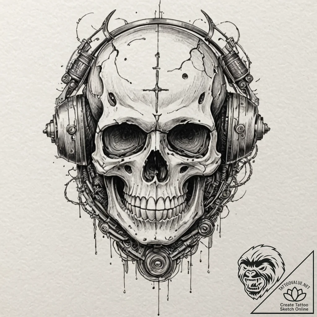 A skull with a glowing cyberpunk visor, tatto... - tattoo sketch (№1751874093_0, 07.07.2025 07:41) — tattoovalue.net