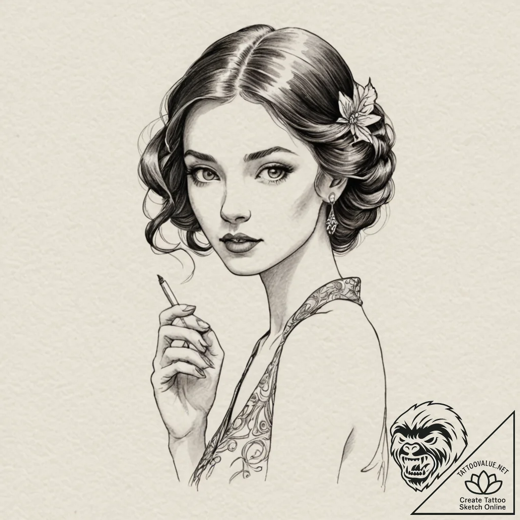 A linework tattoo of her long cigarette holde... - tattoo sketch (№1751874180_0, 07.07.2025 07:43) — tattoovalue.net