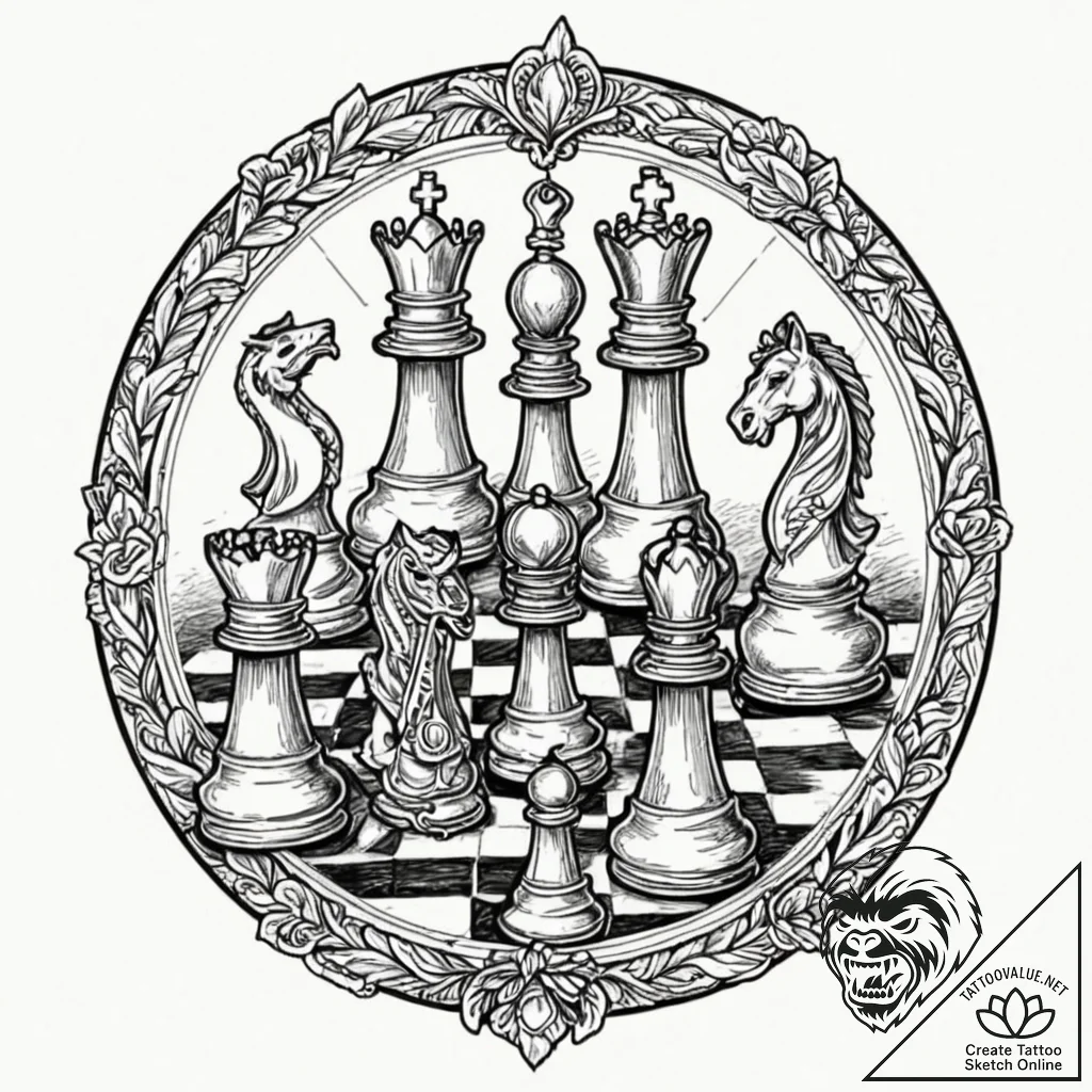 Chess, tattoo flash sheet design, unique desi... - tattoo sketch (№1751874767_0, 07.07.2025 07:52) — tattoovalue.net