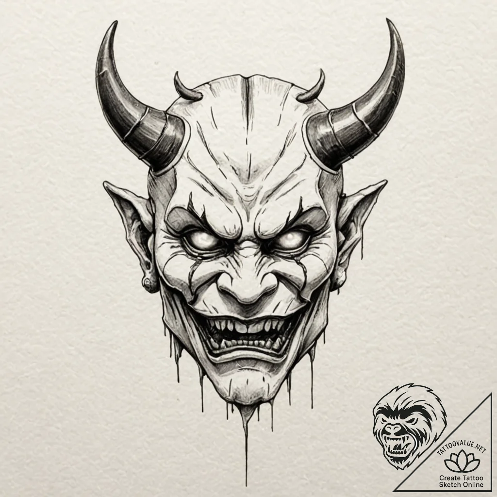 An oni mask cracking to reveal a human face,... - tattoo sketch (№1751875026_0, 07.07.2025 07:57) — tattoovalue.net