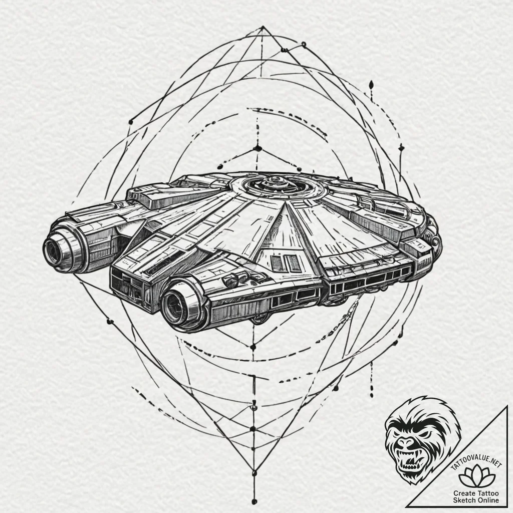 23. linework tattoo of the millennium falcon... - tattoo sketch (№1751875195_0, 07.07.2025 07:59) — tattoovalue.net