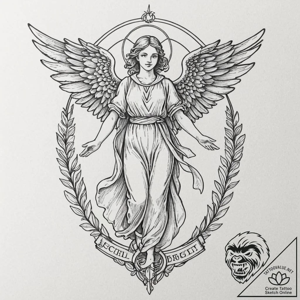 Angel, tattoo drawing outline, moderately det... - tattoo sketch (№1751875278_0, 07.07.2025 08:01) — tattoovalue.net