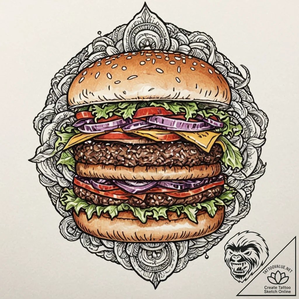 Hamburger, tattoo drawing outline, studio lig... - tattoo sketch (№1751875697_0, 07.07.2025 08:08) — tattoovalue.net