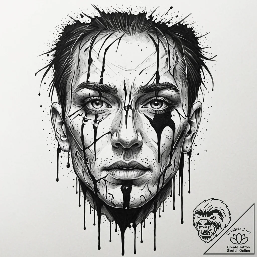 A trash polka face of neo, with green code dr... - tattoo sketch (№1751878708_0, 07.07.2025 08:58) — tattoovalue.net