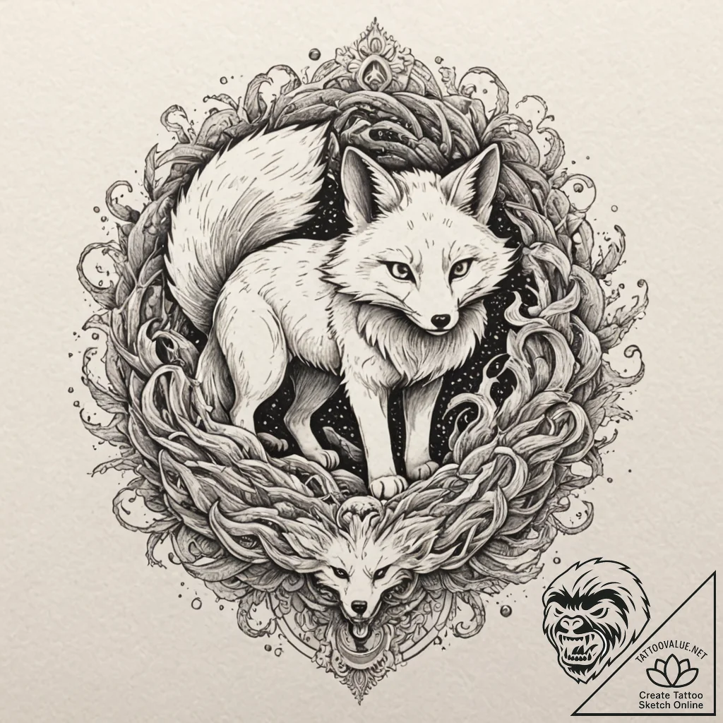 A graphic novel style tattoo of a kitsune, a... - tattoo sketch (№1751879387_0, 07.07.2025 09:09) — tattoovalue.net