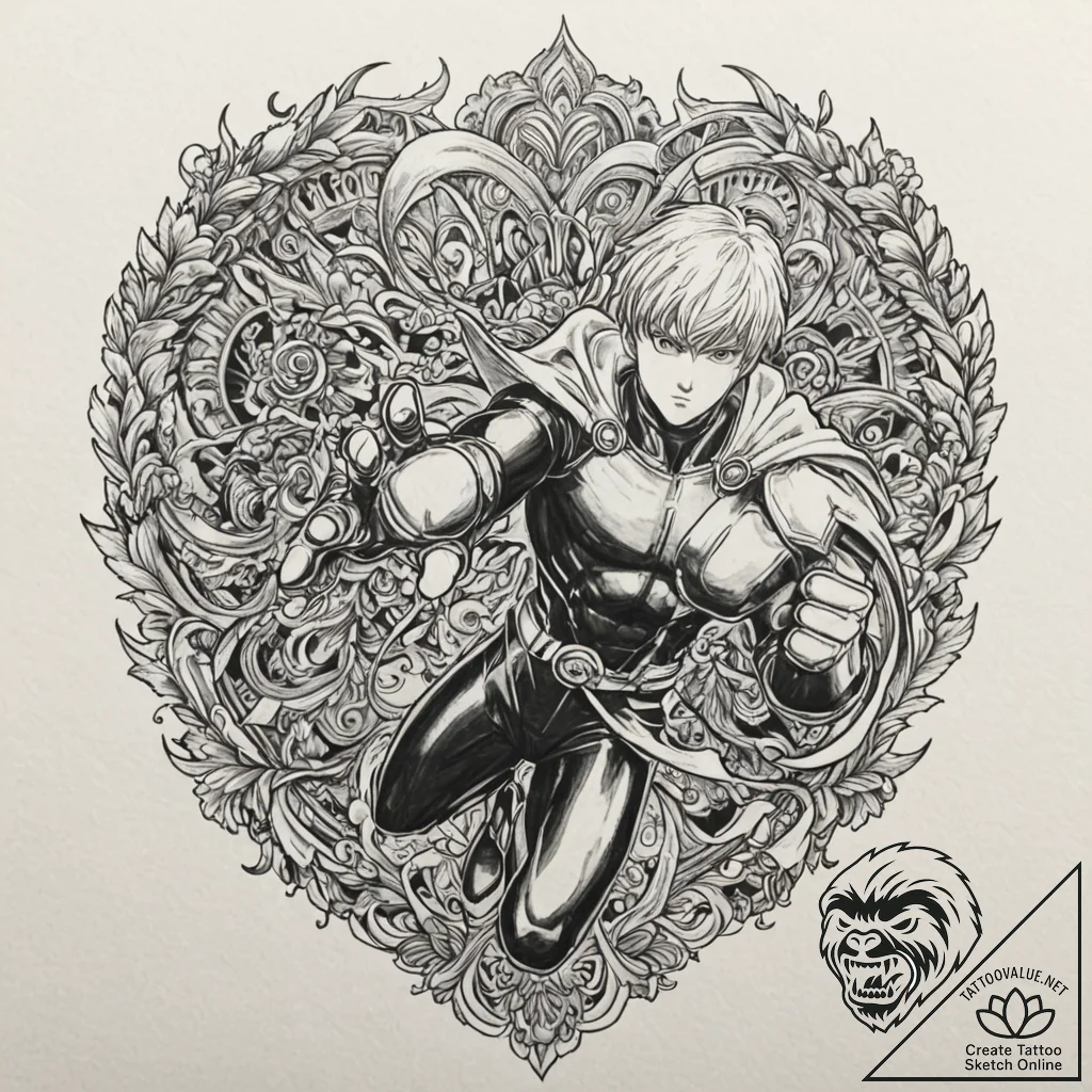 A sketch of genos from one-punch man, in a dy... - tattoo sketch (№1751880398_0, 07.07.2025 09:26) — tattoovalue.net
