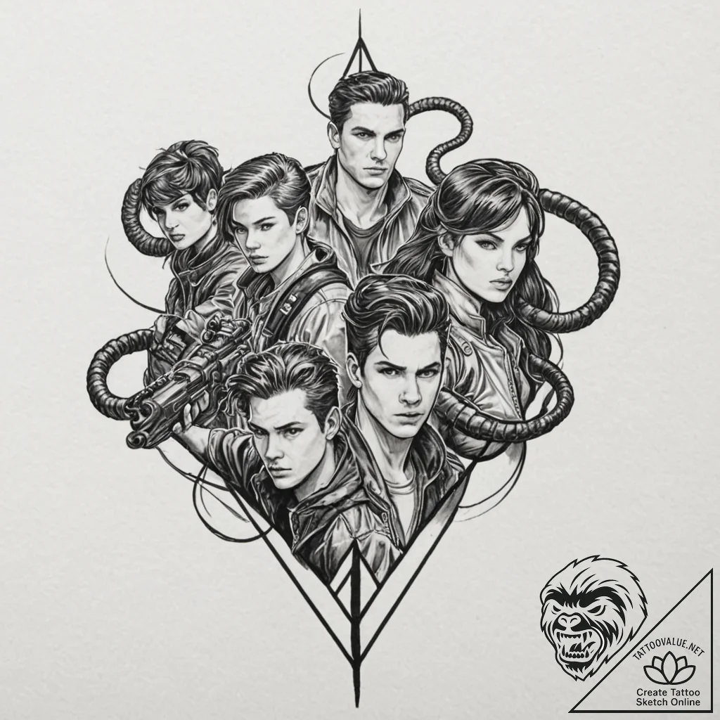 A minimalist tattoo of the five members of th... - tattoo sketch (№1751881742_0, 07.07.2025 09:49) — tattoovalue.net