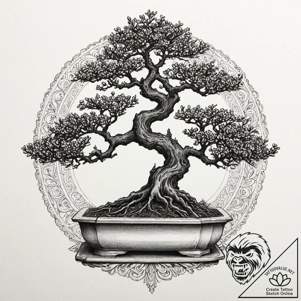 Bonsai, artistic tattoo sketch, dotwork shadi... - tattoo sketch (№1751882583_0, 07.07.2025 10:03) — tattoovalue.net