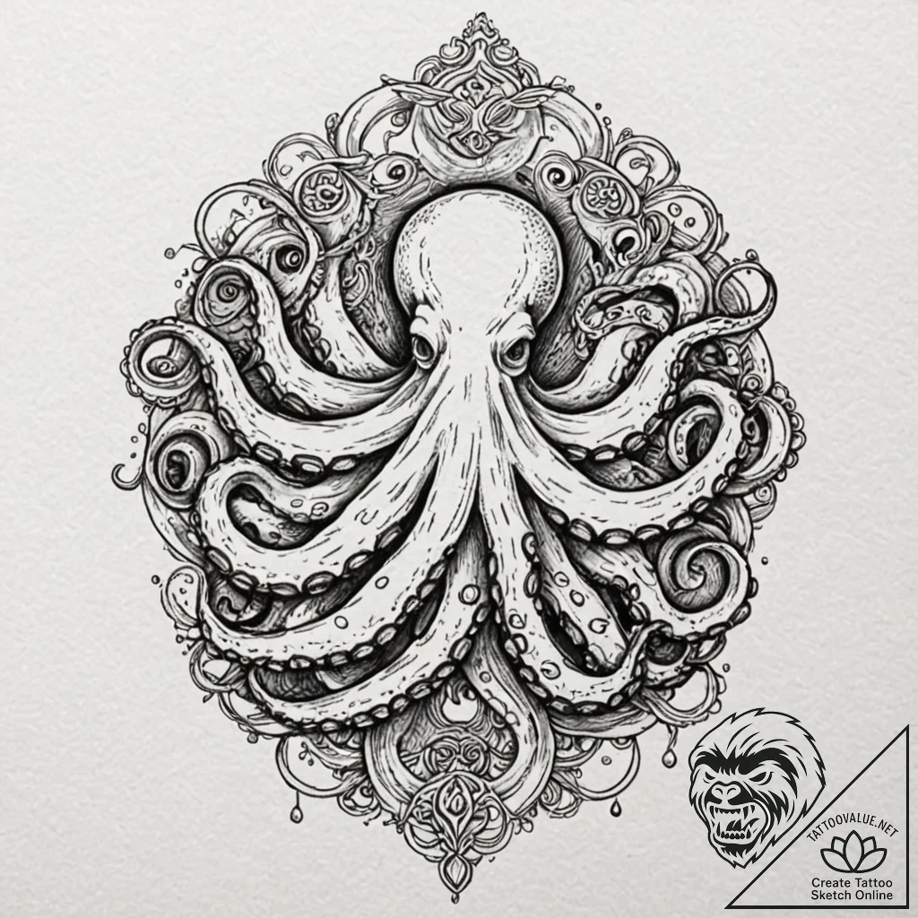Octopus, ink illustration for tattoo, unique... - tattoo sketch (№1751884901_0, 07.07.2025 10:41) — tattoovalue.net