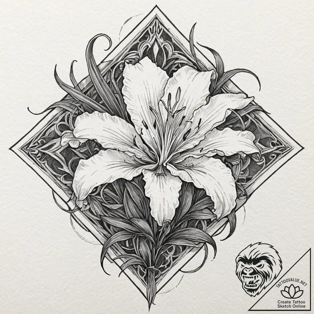 Lily, concept art for tattoo, dynamic composi... - tattoo sketch (№1751884986_0, 07.07.2025 10:43) — tattoovalue.net
