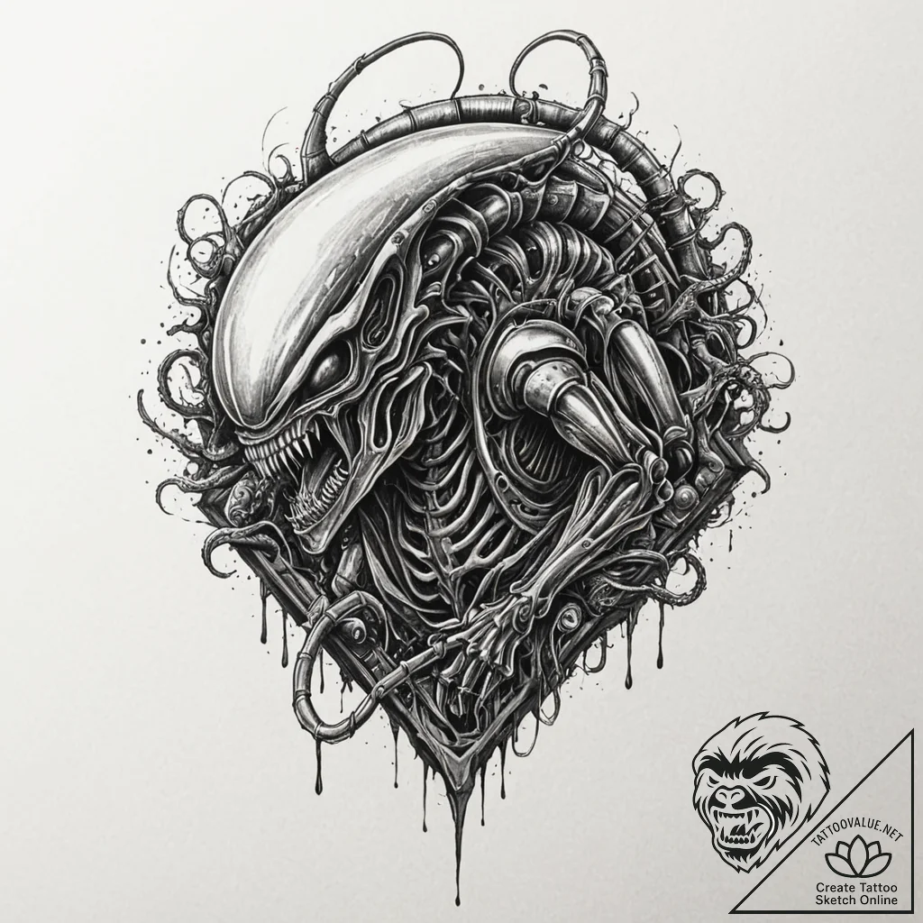 A xenomorph from alien, ink illustration for... - tattoo sketch (№1751885744_0, 07.07.2025 10:55) — tattoovalue.net