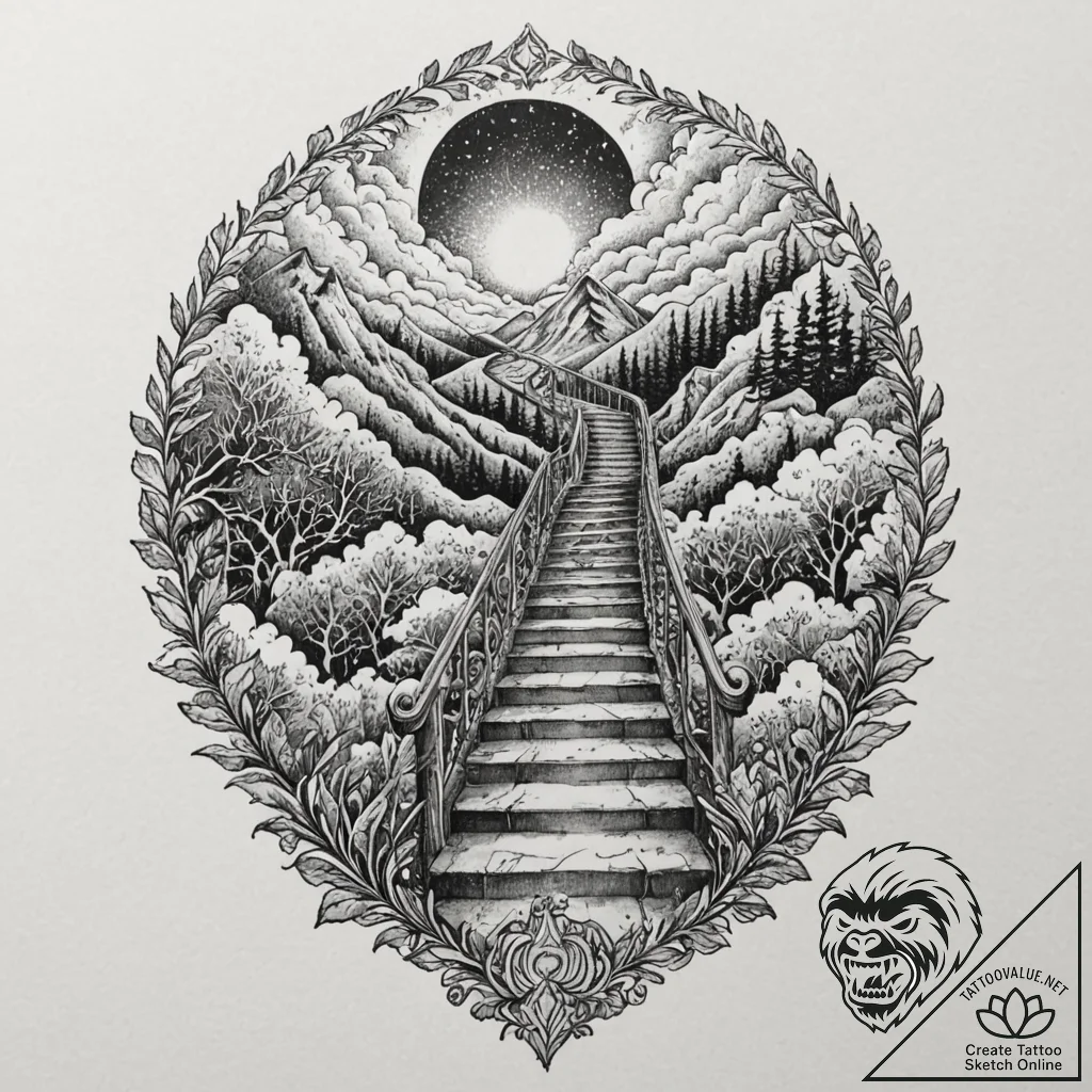 Stairway to the clouds, ink illustration for... - tattoo sketch (№1751885828_0, 07.07.2025 10:57) — tattoovalue.net