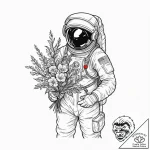 Astronaut holding a bouquet of flowers, tatto… – tattoo sketch (№1751887595_0, 07.07.2025 11:26) — tattoovalue.net