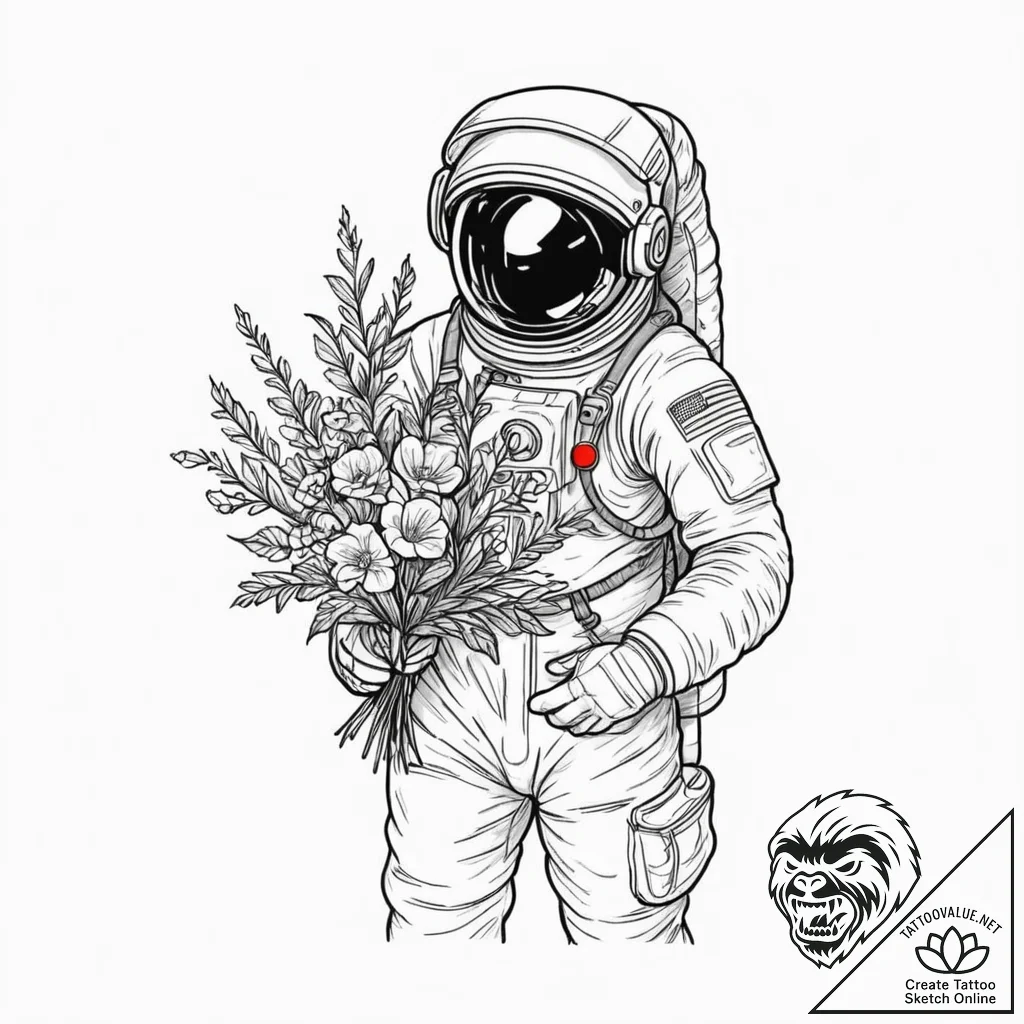 Astronaut holding a bouquet of flowers, tatto... - tattoo sketch (№1751887595_0, 07.07.2025 11:26) — tattoovalue.net