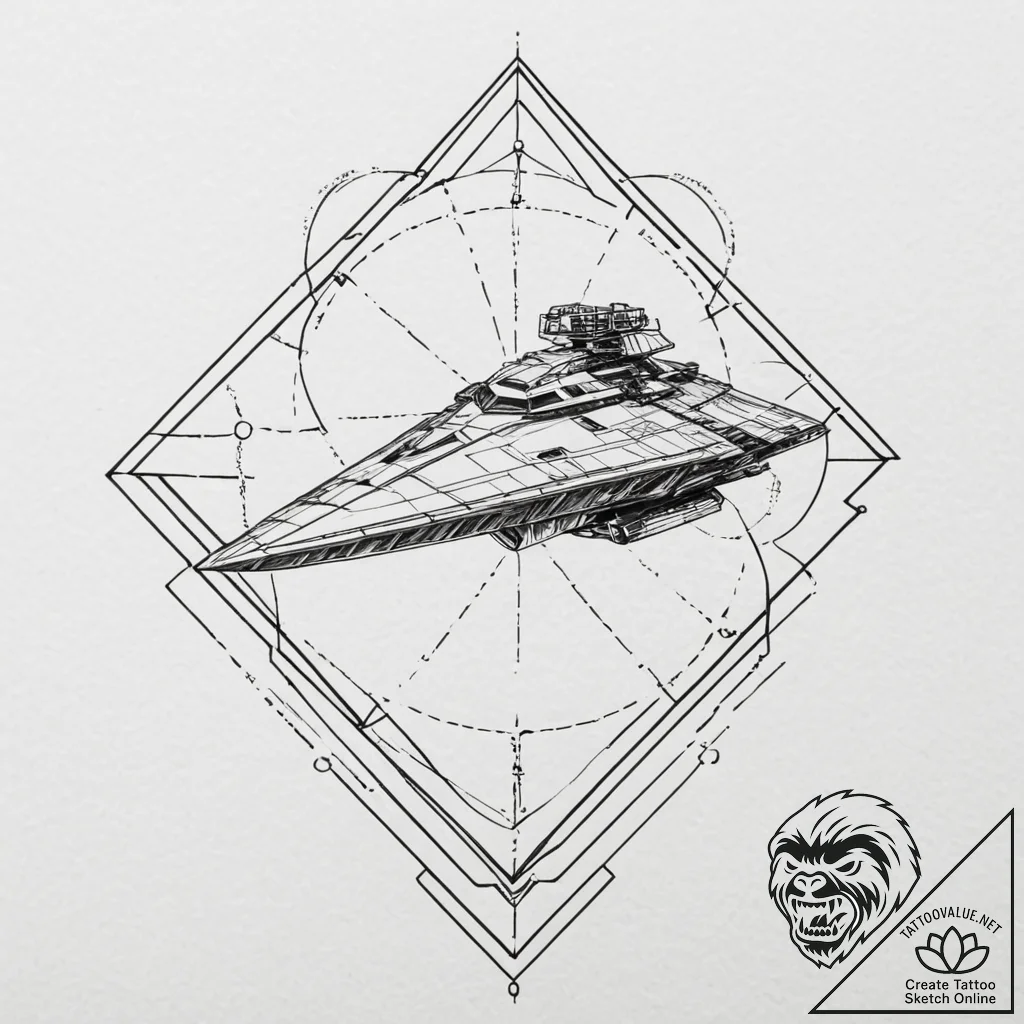 Linework design of a star destroyer, seen fro... - tattoo sketch (№1751889401_0, 07.07.2025 11:56) — tattoovalue.net