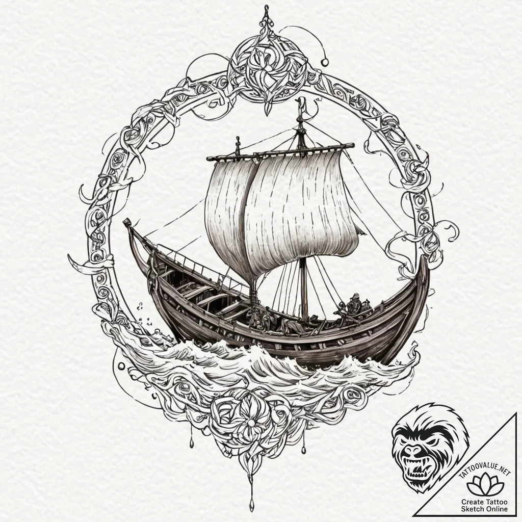 Viking longship in a storm, tattoo drawing ou... - tattoo sketch (№1751900578_0, 07.07.2025 15:02) — tattoovalue.net