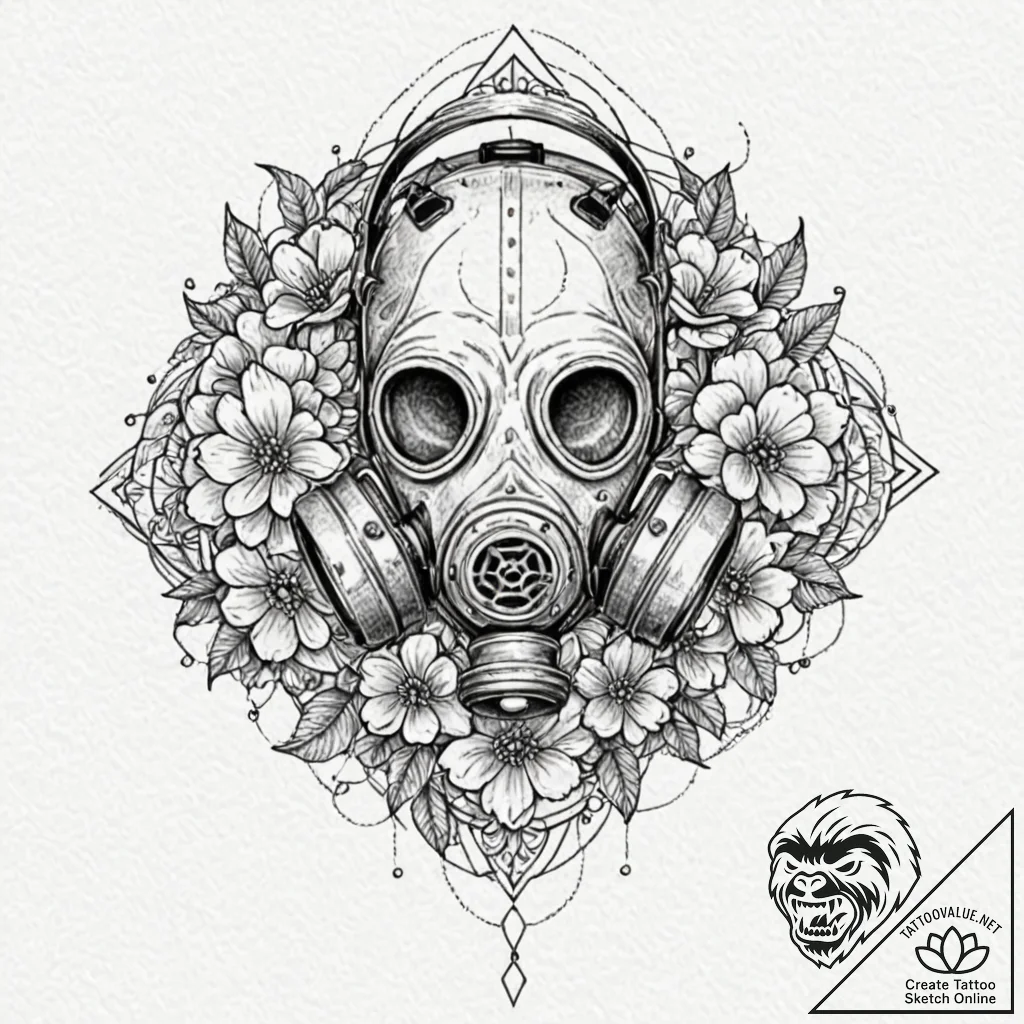 Gas mask with flowers growing from it, tattoo... - tattoo sketch (№1751901362_0, 07.07.2025 15:16) — tattoovalue.net