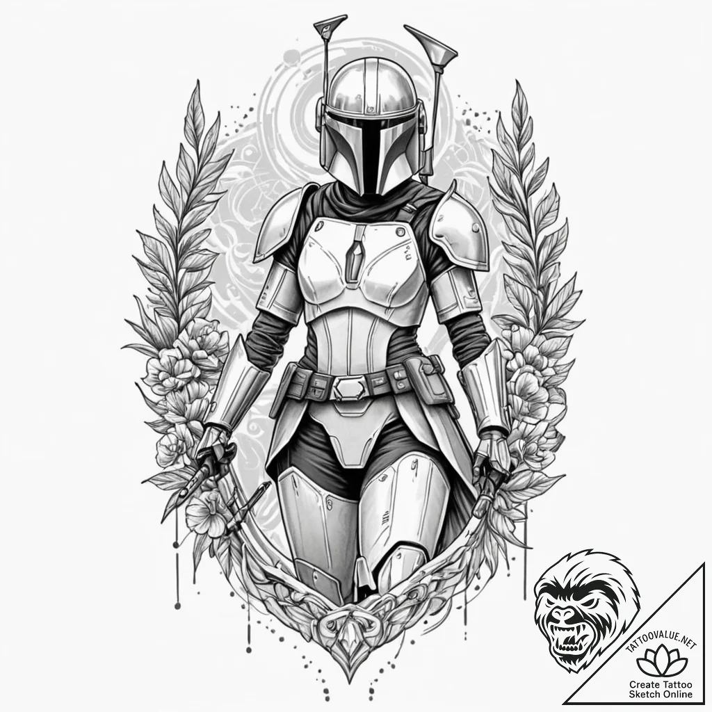 15. chicano style tattoo of a female mandalor... - tattoo sketch (№1751901882_0, 07.07.2025 15:24) — tattoovalue.net