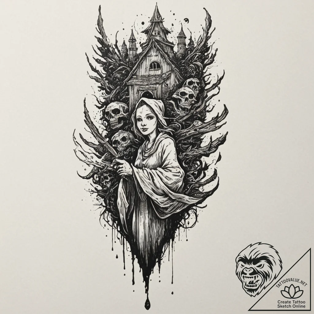 Baba yaga, concept art for tattoo, moderately... - tattoo sketch (№1751902404_0, 07.07.2025 15:33) — tattoovalue.net