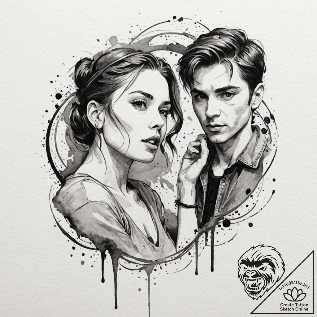 A trash polka portrait of the main characters... - tattoo sketch (№1751905419_0, 07.07.2025 16:23) — tattoovalue.net