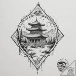 An ancient temple with neon holographic glyph… – tattoo sketch (№1751906528_0, 07.07.2025 16:42) — tattoovalue.net