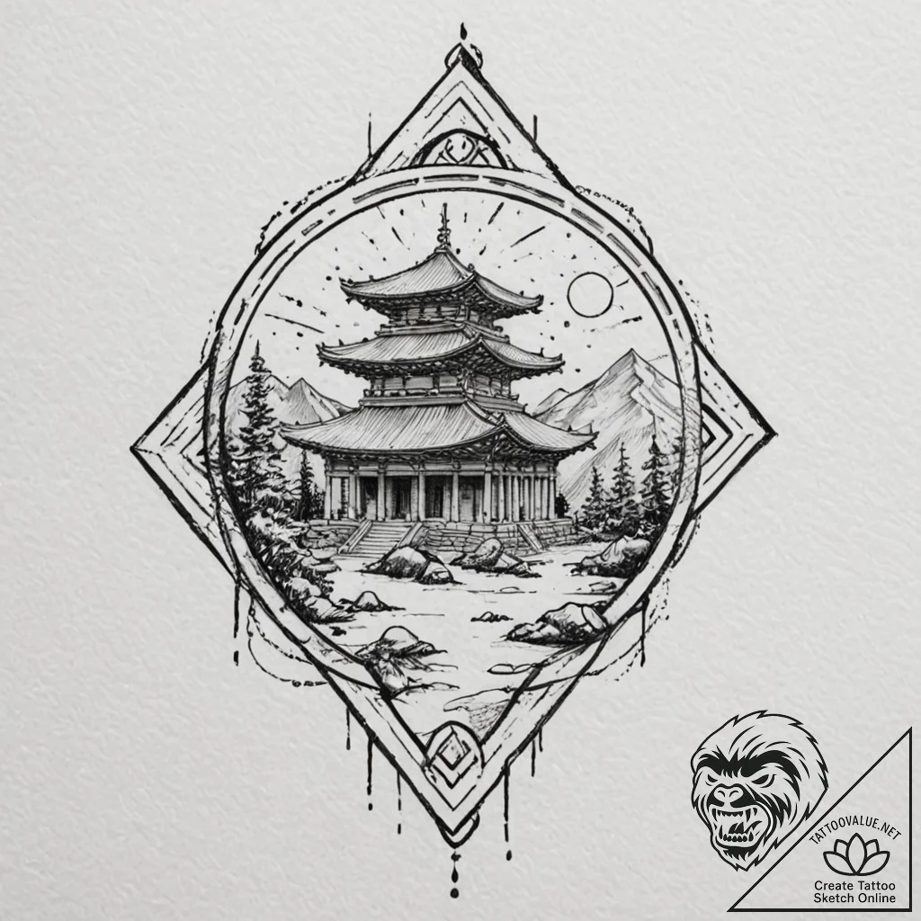 An ancient temple with neon holographic glyph... - tattoo sketch (№1751906528_0, 07.07.2025 16:42) — tattoovalue.net