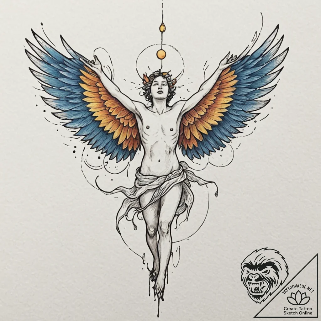 Icarus with melting wings, tattoo line art, m... - tattoo sketch (№1751907731_0, 07.07.2025 17:02) — tattoovalue.net
