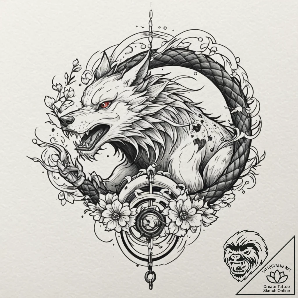 Fenrir breaking his chains, tattoo drawing ou... - tattoo sketch (№1751909010_0, 07.07.2025 17:23) — tattoovalue.net