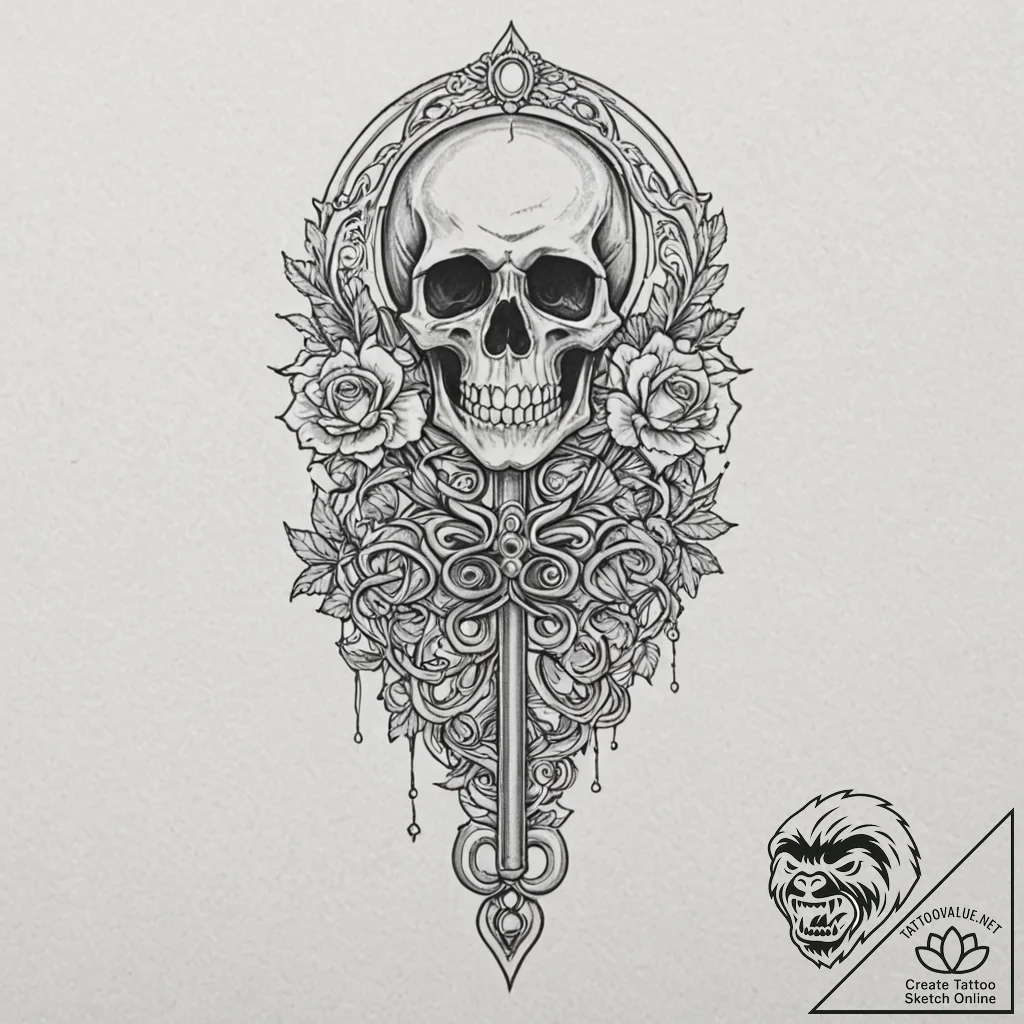 A skeleton key, concept art for tattoo, on wh... - tattoo sketch (№1751909096_0, 07.07.2025 17:24) — tattoovalue.net