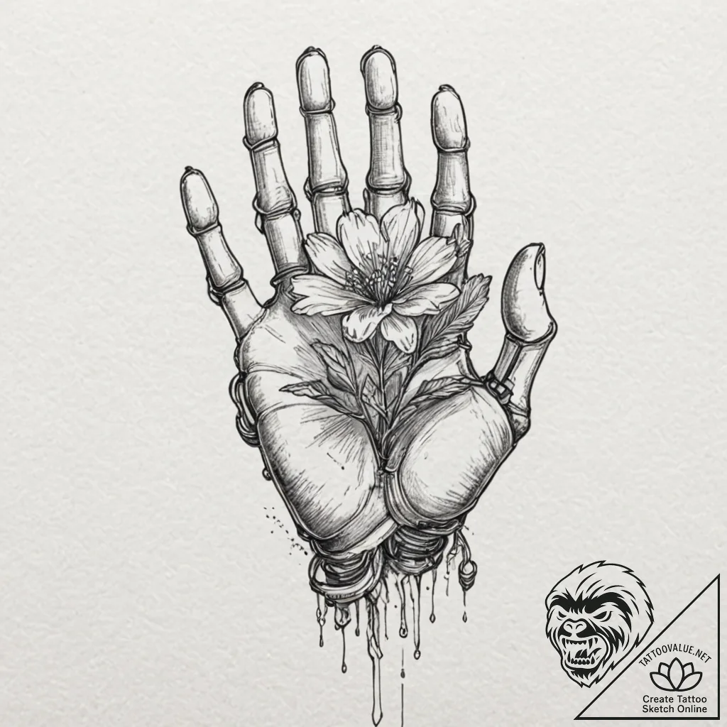 Robotic hand holding a real flower, ink illus... - tattoo sketch (№1751909610_0, 07.07.2025 17:33) — tattoovalue.net