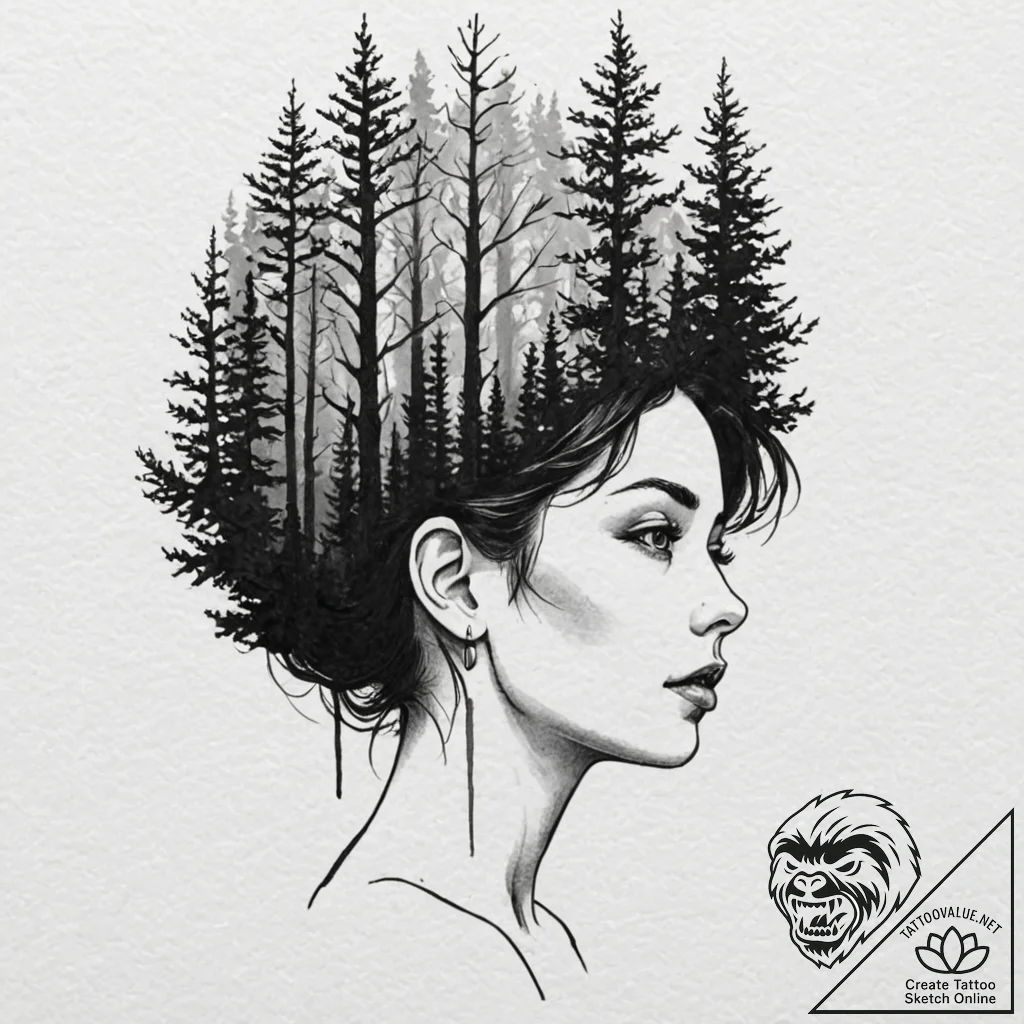 A human silhouette filled with a forest, tatt... - tattoo sketch (№1751910128_0, 07.07.2025 17:42) — tattoovalue.net